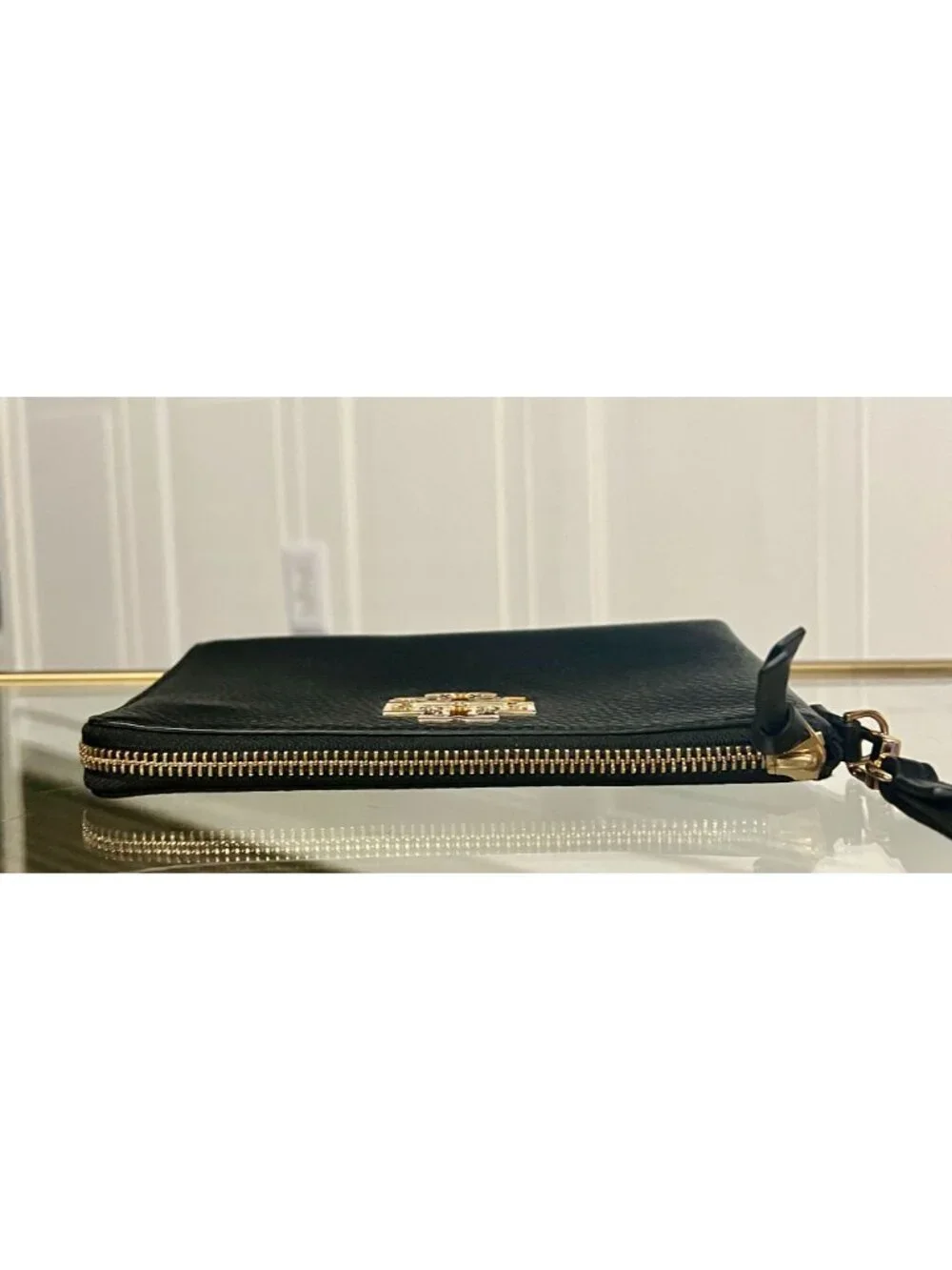 Tory Burch Britten Large Pebbled Leather Zip Pouch Wristlet - Black & Gold